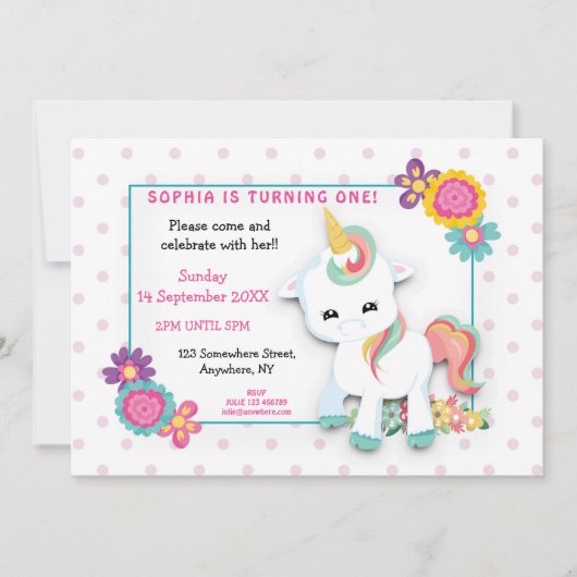 Schattigee witte eenhoorn roze polka stippen eerst kaart (Voorkant)