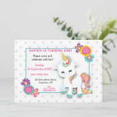Schattigee witte eenhoorn roze polka stippen eerst kaart (Staand voorkant)