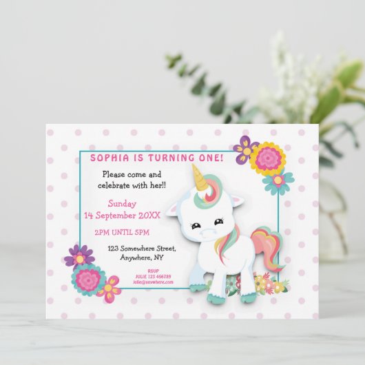 Schattigee witte eenhoorn roze polka stippen eerst kaart (Staand voorkant)