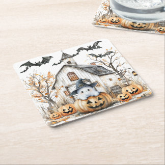Schattigee witte en Oranje geest met herfstschuur Kartonnen Onderzetters