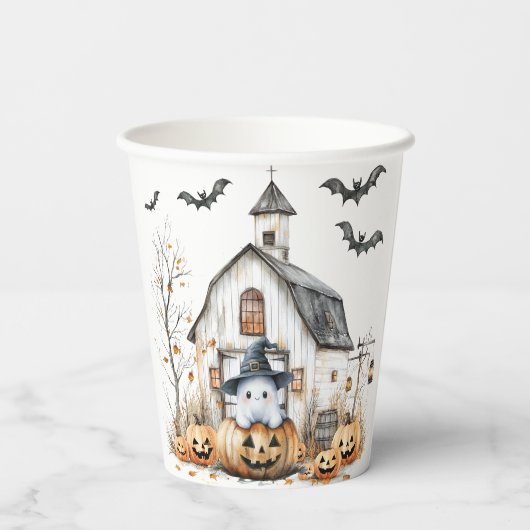 Schattigee witte en Oranje geest met herfstschuur Papieren Bekers (Achterkant)