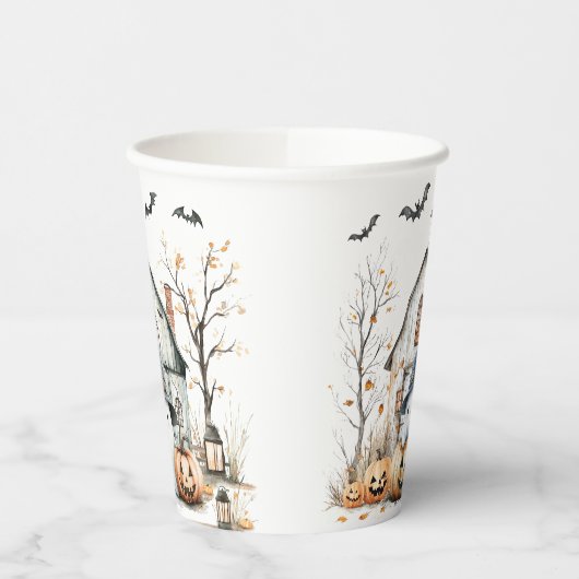 Schattigee witte en Oranje geest met herfstschuur Papieren Bekers (Links)