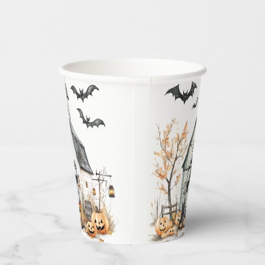 Schattigee witte en Oranje geest met herfstschuur Papieren Bekers (Rechts)