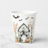 Schattigee witte en Oranje geest met herfstschuur Papieren Bekers (Voorkant)