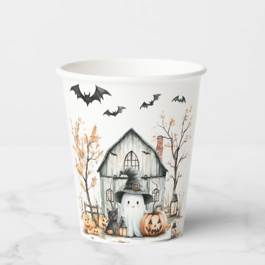 Schattigee witte en Oranje geest met herfstschuur Papieren Bekers (Voorkant)