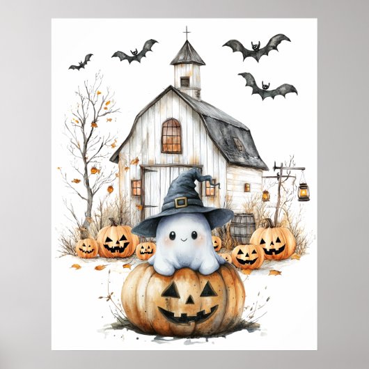 Schattigee witte en Oranje geest met herfstschuur Poster (Voorkant)