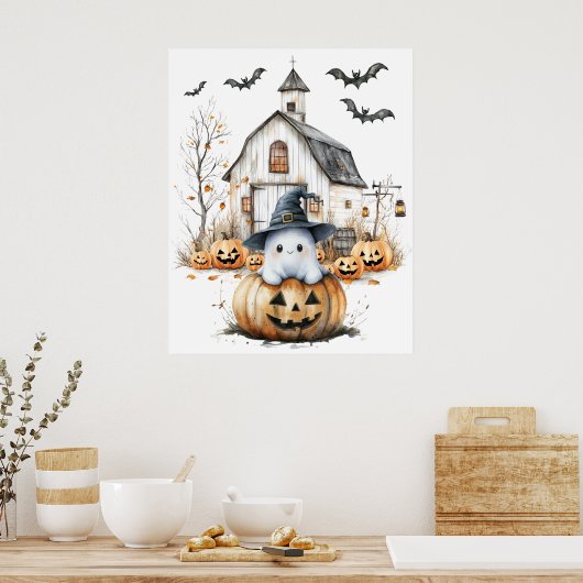 Schattigee witte en Oranje geest met herfstschuur Poster (Keuken)