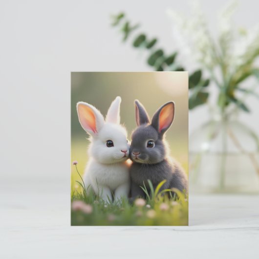 Schattigee witte en zwarte baby konijntjes in een  briefkaart (Staand voorkant)
