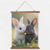 Schattigee witte en zwarte baby konijntjes in een hangend wandkleed (Voorkant)