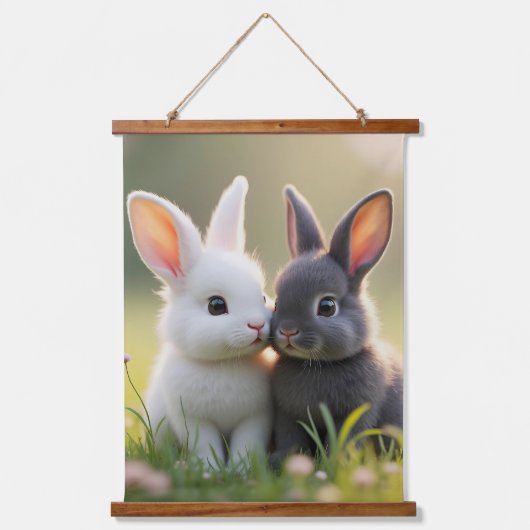 Schattigee witte en zwarte baby konijntjes in een hangend wandkleed (Voorkant)