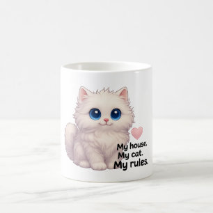 Schattigee Witte Fluffy Cat Mok - "Mijn Huis. Mijn