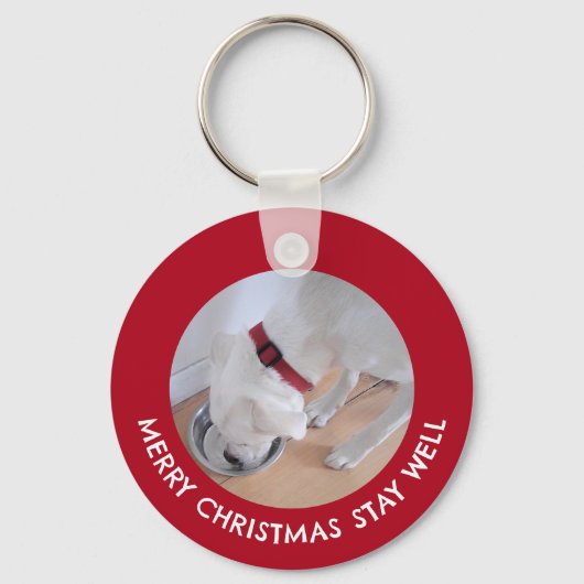 Schattigee Witte Hond Foto Gezond Vrolijk Kerstroo Sleutelhanger (Voorkant)