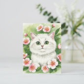 Schattigee Witte Kat Bloem Krans Waterverf Briefka Briefkaart (Staand voorkant)