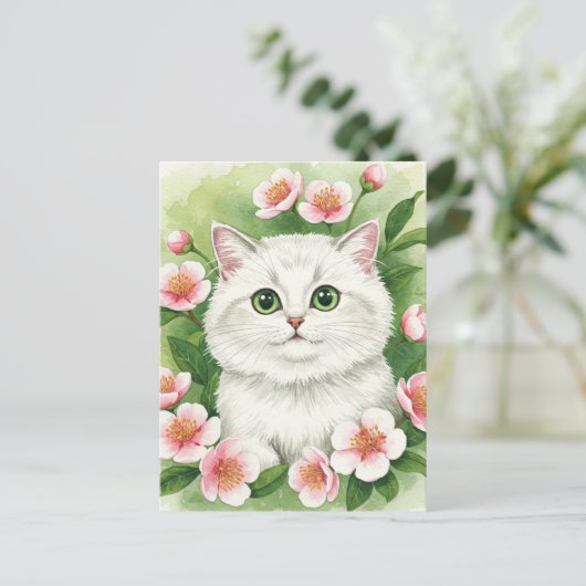 Schattigee Witte Kat Bloem Krans Waterverf Briefka Briefkaart (Staand voorkant)