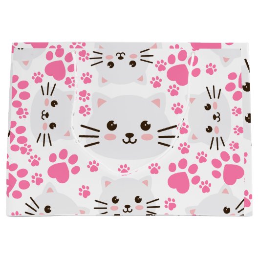 Schattigee witte kat en roze poot groot cadeauzakje (Voorkant)