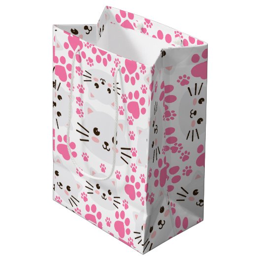 Schattigee witte kat en roze poot medium cadeauzakje (Voorkant Gekanteld)