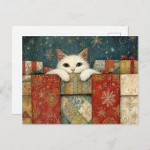 Schattigee witte kat gluren over kerstcadeaus briefkaart (Voorkant / Achterkant)
