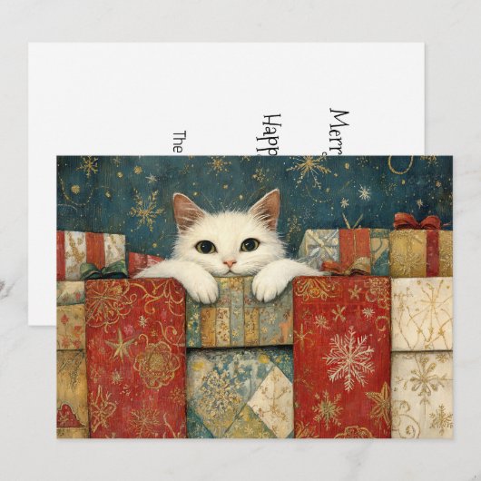 Schattigee witte kat gluren over kerstcadeaus feestdagenkaart (Voorkant / Achterkant)