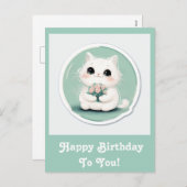Schattigee witte kat Happy Birthday gepersonalisee Feestdagenkaart (Voorkant / Achterkant)