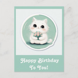 Schattigee witte kat Happy Birthday gepersonalisee Feestdagenkaart