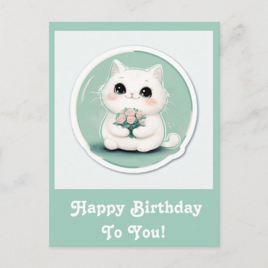 Schattigee witte kat Happy Birthday gepersonalisee Feestdagenkaart (Voorkant)