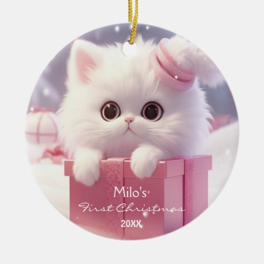 Schattigee witte kat in een doos Kerstmis Geperson Keramisch Ornament (Voorkant)