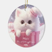 Schattigee witte kat in een doos Kerstmis Geperson Keramisch Ornament (Links)