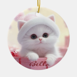 Schattigee witte kat in een doos Kerstmis Geperson Keramisch Ornament