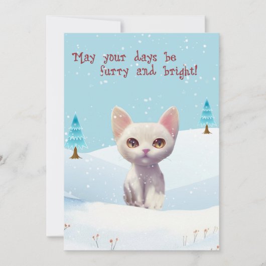 Schattigee witte kat in een sneeuwvlakte feestdagenkaart (Voorkant)