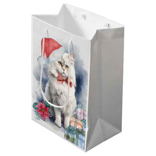 Schattigee witte kat in kerstmuts cadeaus kerst medium cadeauzakje (Voorkant Gekanteld)