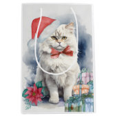 Schattigee witte kat in kerstmuts cadeaus kerst medium cadeauzakje (Voorkant)