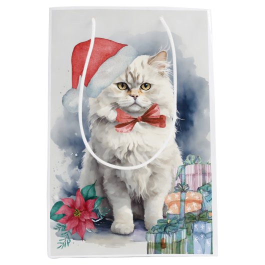 Schattigee witte kat in kerstmuts cadeaus kerst medium cadeauzakje (Voorkant)