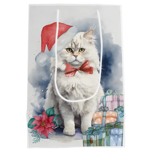 Schattigee witte kat in kerstmuts cadeaus kerst medium cadeauzakje (Achterkant)