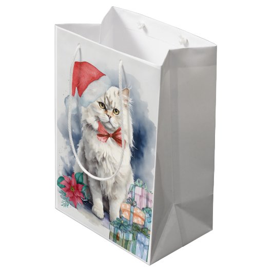 Schattigee witte kat in kerstmuts cadeaus kerst medium cadeauzakje (Achterkant Gekanteld)