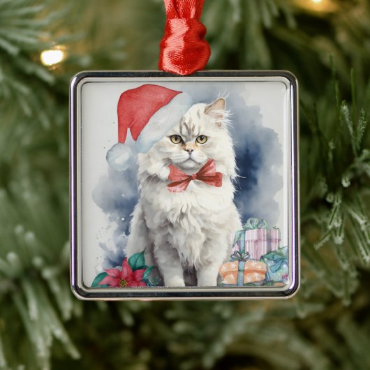 Schattigee witte kat in kerstmuts cadeaus kerst metalen ornament (Boom)