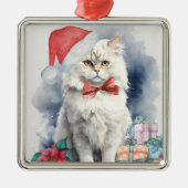 Schattigee witte kat in kerstmuts cadeaus kerst metalen ornament (Voorkant)