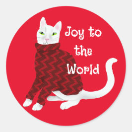 Schattigee witte kat in kersttrui rood ronde sticker