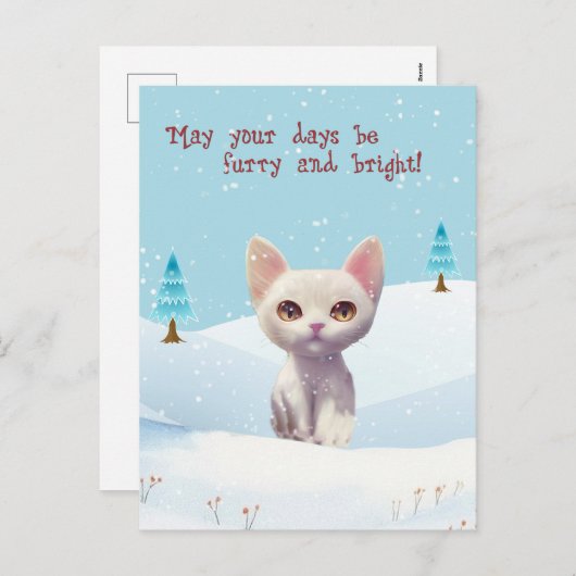 Schattigee Witte Kat in Sneeuwkerst Briefkaart (Voorkant / Achterkant)