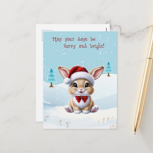 Schattigee Witte Kat in Sneeuwkerst Briefkaart (Voorkant / Achterkant in situ)