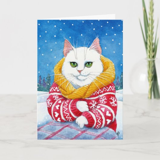 Schattigee Witte Kat Kerst- of winterkaart Feestdagen Kaart (Voorkant)