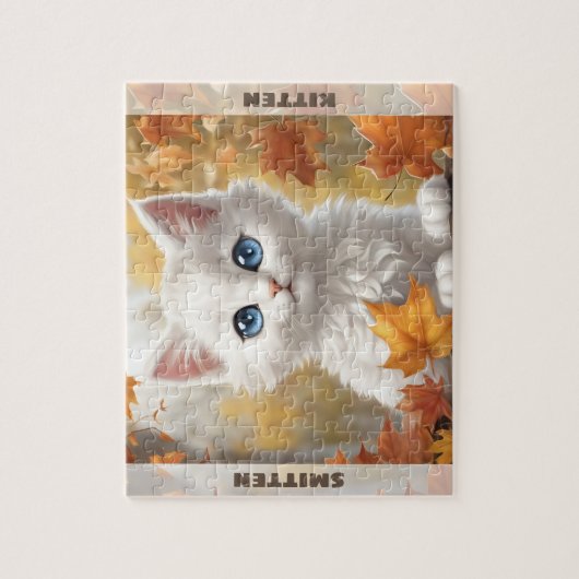 Schattigee Witte Kat Kitten Herfst Herfst Aangepas Legpuzzel (Verticaal)