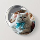 Schattigee witte kat met blauwe boog ronde button 7,6 cm (Voorkant /achterkant)