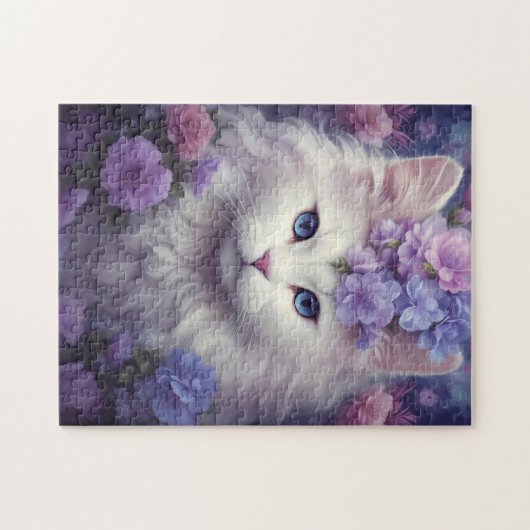 Schattigee Witte Kat met Bloemen, Fantasy Art Legpuzzel (Horizontaal)