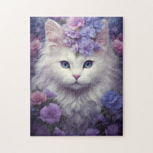 Schattigee Witte Kat met Bloemen, Fantasy Art Legpuzzel