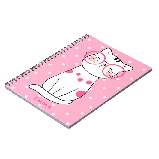 Schattigee witte kat met brillen & Polka Dot Patte Notitieboek (Linkerzijde)