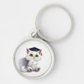 Schattigee witte kat met een graduatie cap sleutelhanger (Voorkant)