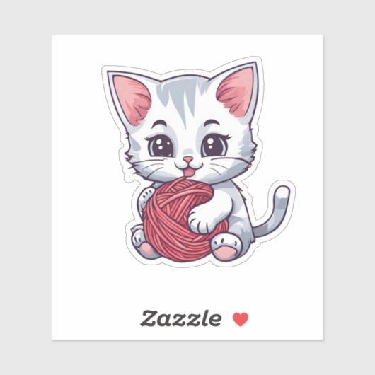 Schattigee witte kat met garen waterdicht sticker (Vel)