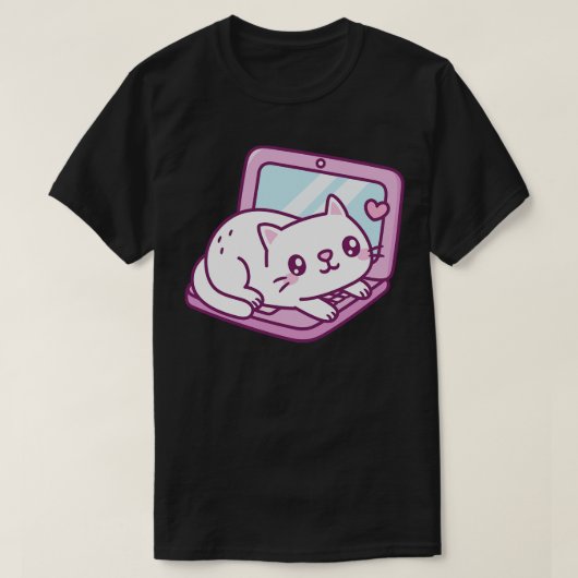 Schattigee witte kat rust op laptop t-shirt (Design voorkant)