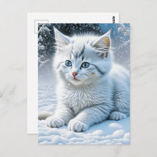 Schattigee witte kat spelen in de sneeuw briefkaart (Voorkant / Achterkant)