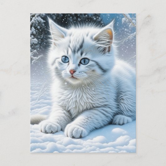 Schattigee witte kat spelen in de sneeuw briefkaart (Voorkant)